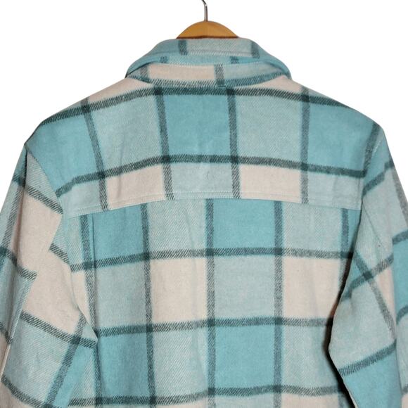 Mi ami Francesca Cropped Plaid Shacket Blue Cream Fall Winter Layering Jacket L - Picture 10 of 15